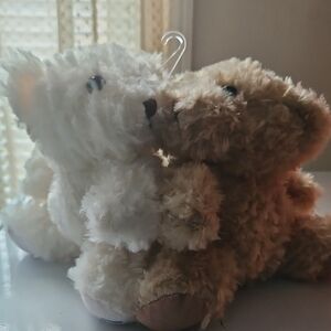 Plush Teddy Bear Pair - White and Brown Soft Stuffed Animals joined together.